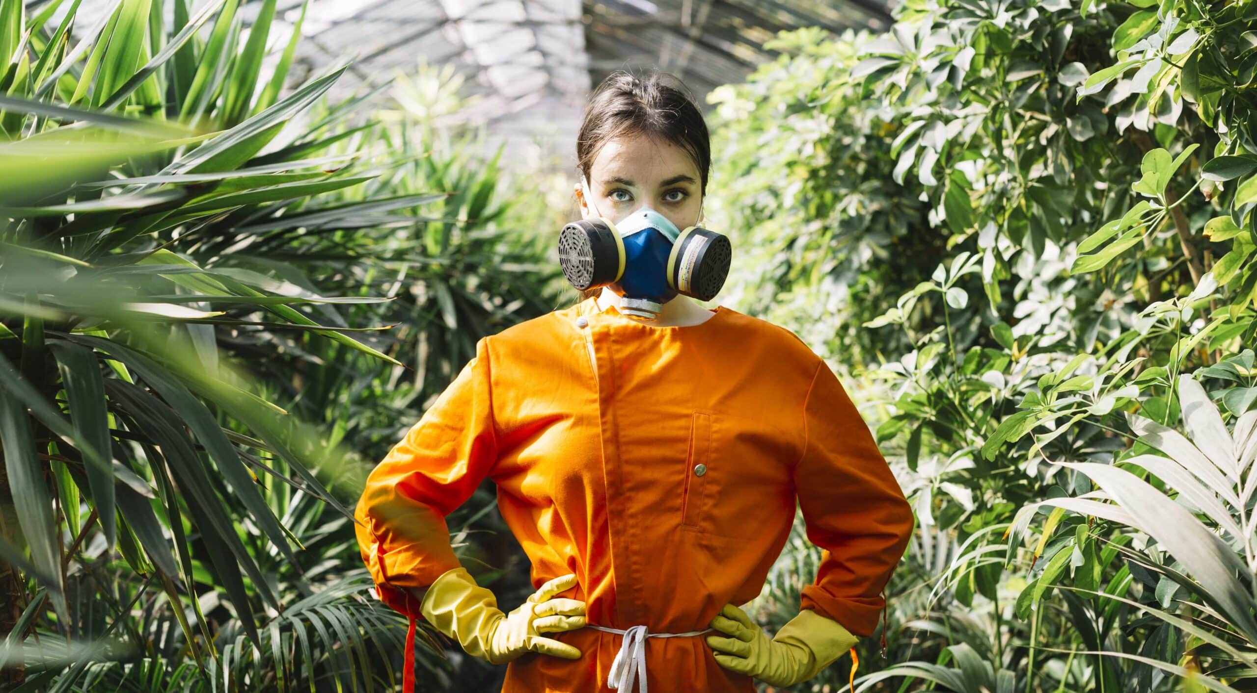 female gardener wearing mask